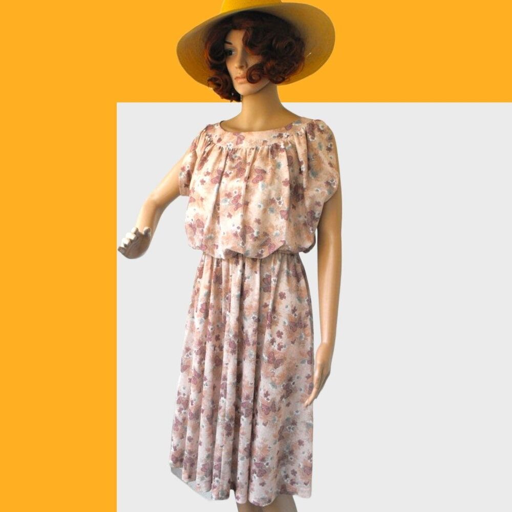 70s Butterfly Print Dress Butterflies Floral Boho Vintage Hippie XS